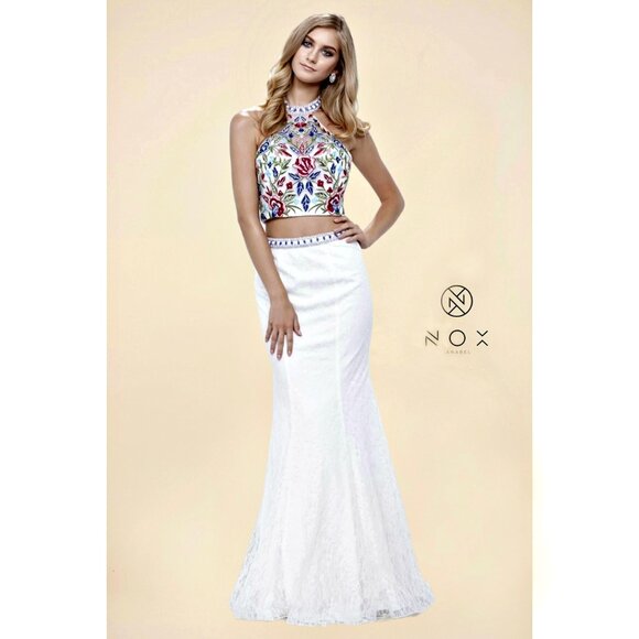 NWT Nox Anabel - 8262 Two Piece Embroidered Mermaid Formal Prom Dress,L,XL,White - Picture 5 of 7